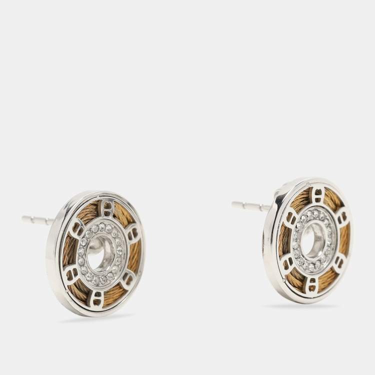 Pre Owned Aigner Silver Tone Metal Crystal Logo Stud Earrings