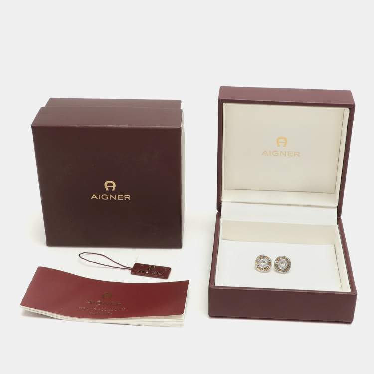 Pre Owned Aigner Silver Tone Metal Crystal Logo Stud Earrings