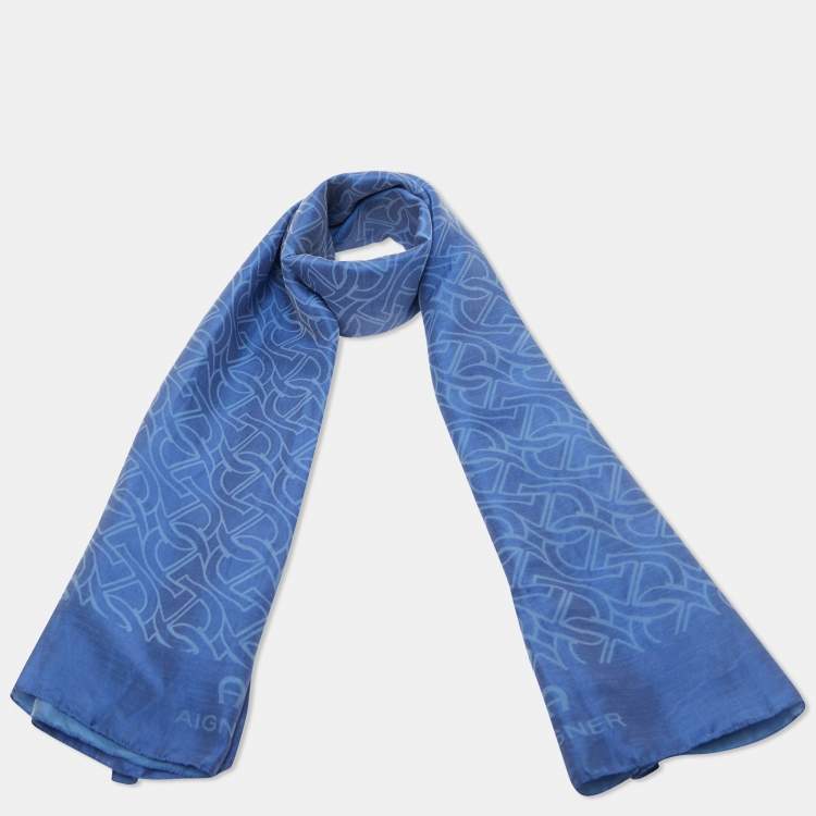 Pre Owned Aigner Blue Logo Pattern Silk & Cotton Stole