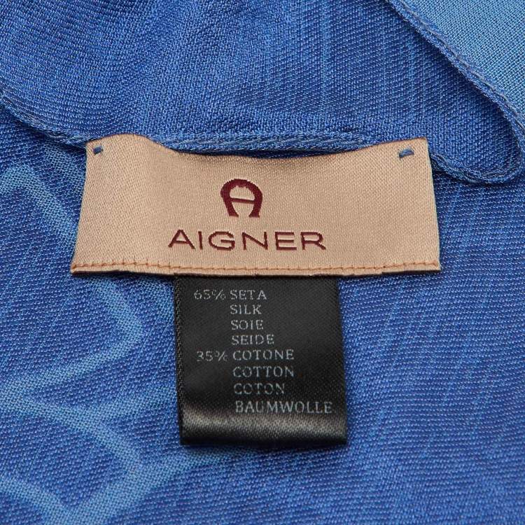 Pre Owned Aigner Blue Logo Pattern Silk & Cotton Stole