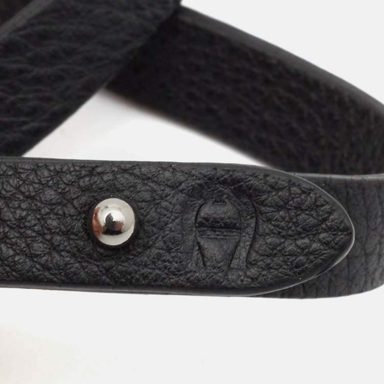Pre Owned Aigner Logo Leather Silver Tone Double Tour Set of 2 Bracelets
