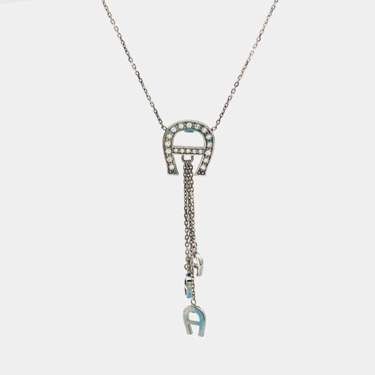 Pre Owned Aigner Logo Crystals Sterling Silver Pendant Necklace