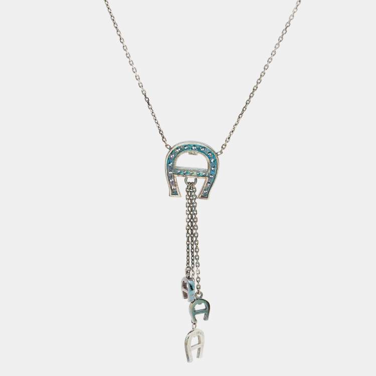Pre Owned Aigner Logo Crystals Sterling Silver Pendant Necklace
