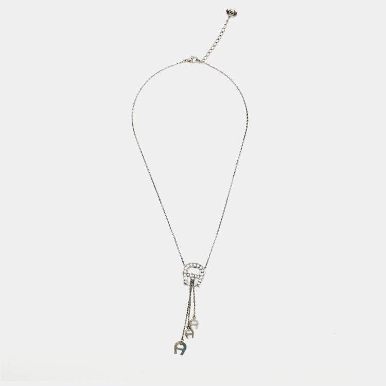 Pre Owned Aigner Logo Crystals Sterling Silver Pendant Necklace