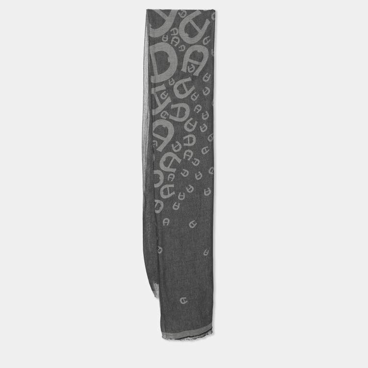 Pre Owned Aigner Grey Viscose Blend Horseshoe Logo Fringed Scarf