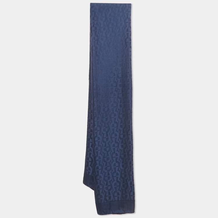 Pre Owned Aigner Navy Blue Logo Monogram Silk Scarf