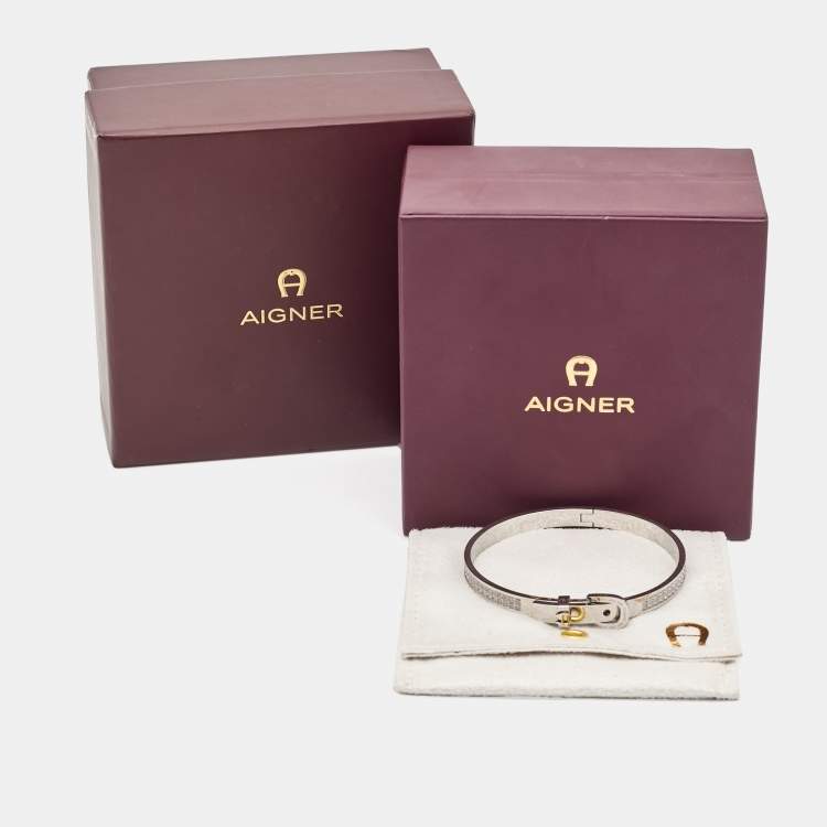 Pre Owned Aigner Logo Crystals Silver Tone Bracelet
