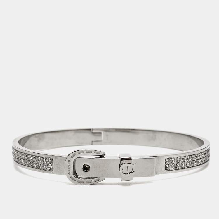 Pre Owned Aigner Logo Crystals Silver Tone Bracelet