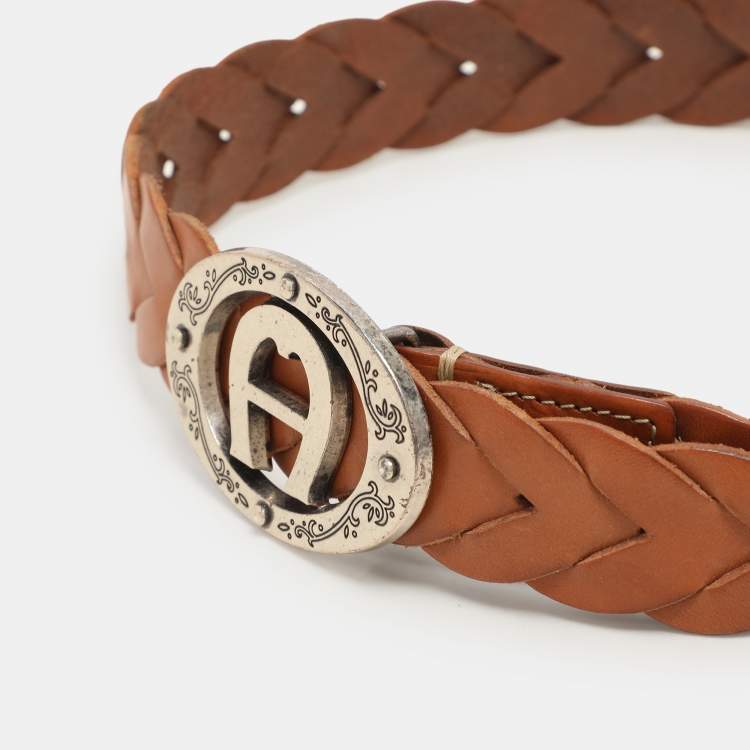 Pre Owned Aigner Brown Braided Leather Vintage Buckle Belt 90CM