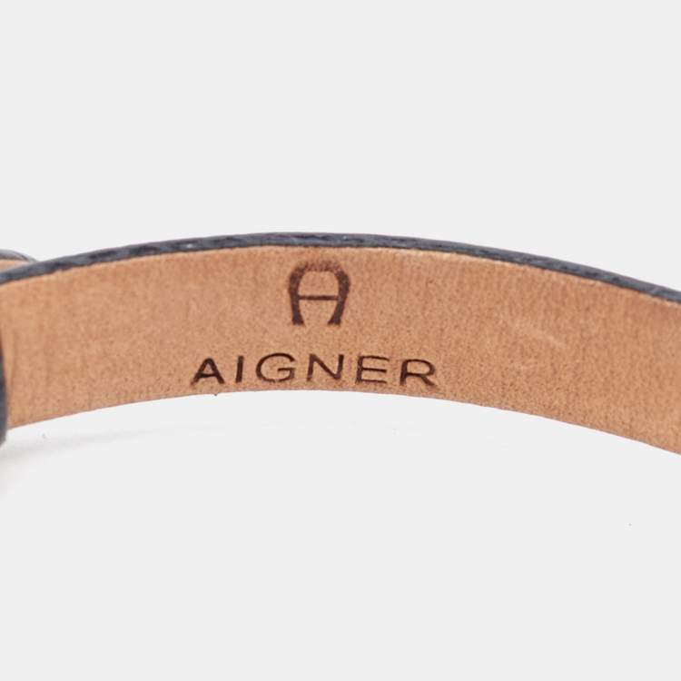 مملوكة مسبقًا Aigner Crystal Gold Tone Black Lizard Embossed Leather Bracelet