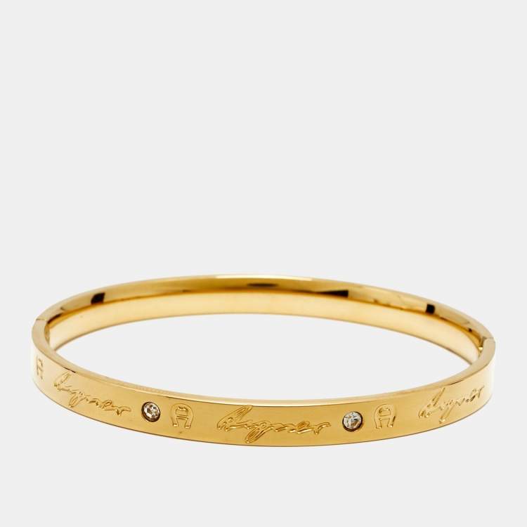 Pre Owned Aigner Logo Crystals Gold Tone Bracelet