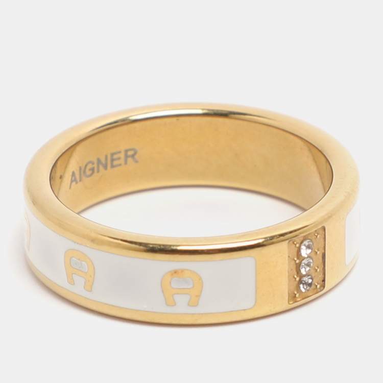 Pre Owned Aigner Cream/Gold Tone Metal and Enamel Band Ring Size 57