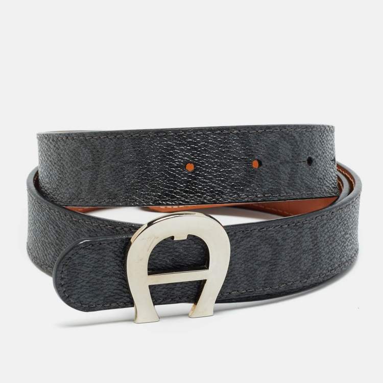 Pre Owned Aigner Logo 85 CM Buckle Belt Grey/Black Signature Coated Canvas