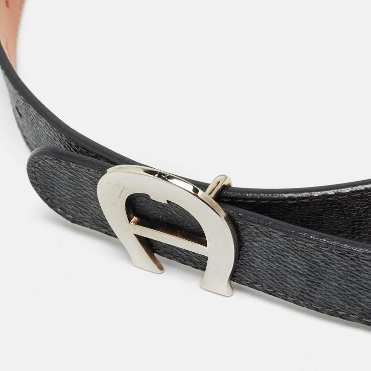 Pre Owned Aigner Logo 85 CM Buckle Belt Grey/Black Signature Coated Canvas