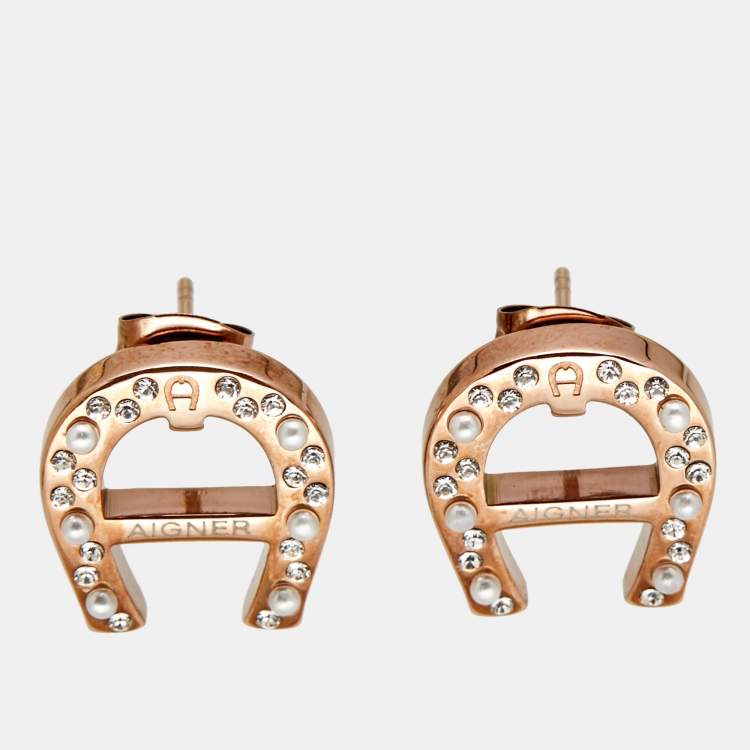 Pre Owned Aigner Crystals Faux Pearls Crystals Rose Gold Tone Earrings