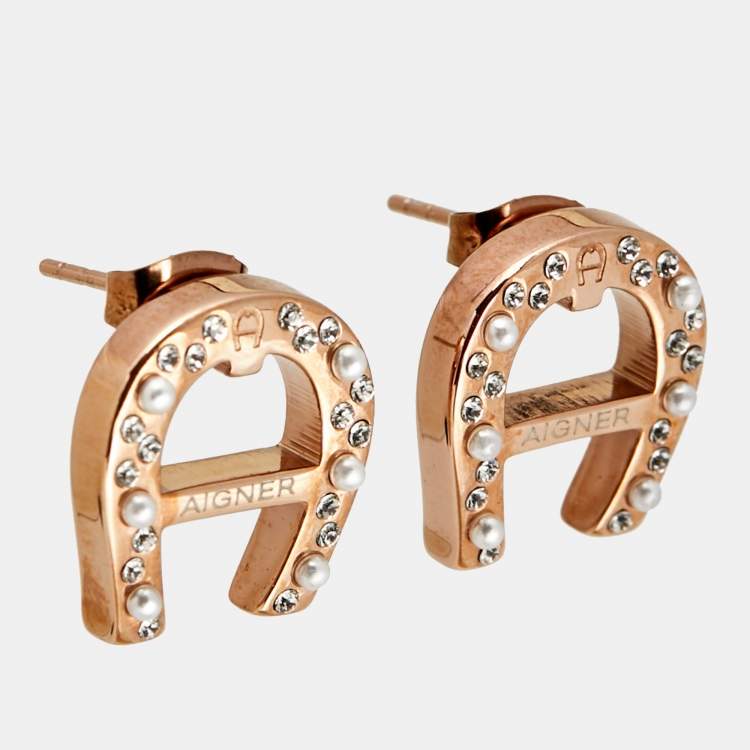 Pre Owned Aigner Crystals Faux Pearls Crystals Rose Gold Tone Earrings