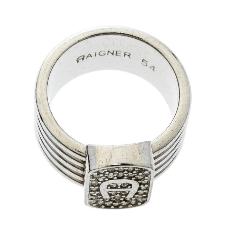 Pre Owned Aigner Crystal Silver Tone Band Ring Size 54