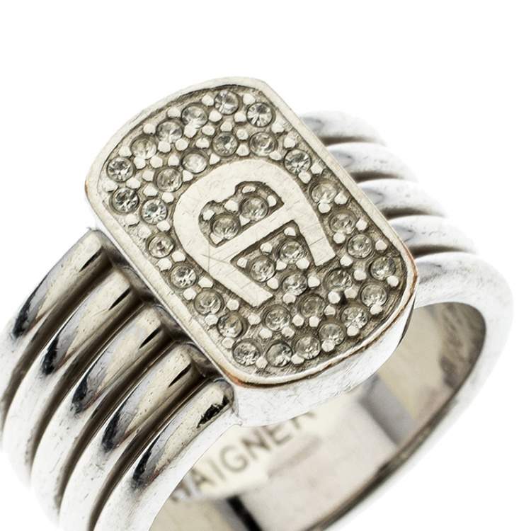 Pre Owned Aigner Crystal Silver Tone Band Ring Size 54