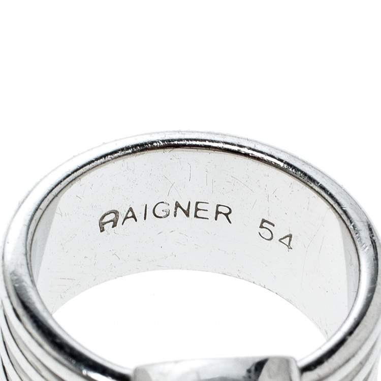 Pre Owned Aigner Crystal Silver Tone Band Ring Size 54