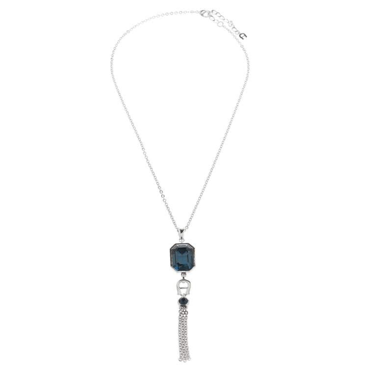 مملوكة مسبقًا Aigner Blue Crystal Silver Tone Pendant Earring Set 