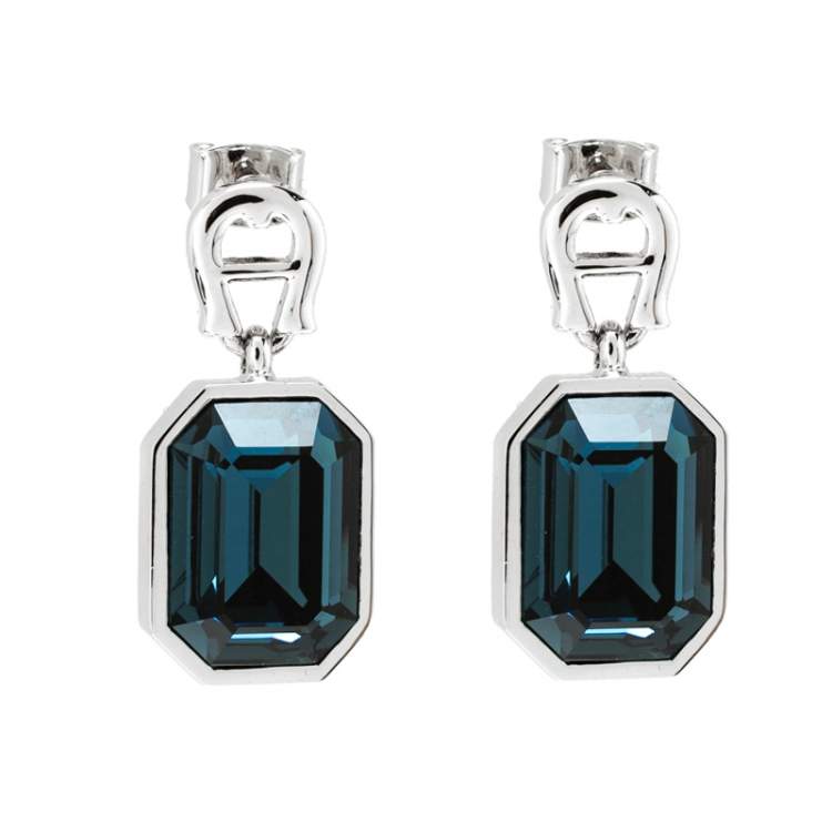مملوكة مسبقًا Aigner Blue Crystal Silver Tone Pendant Earring Set 
