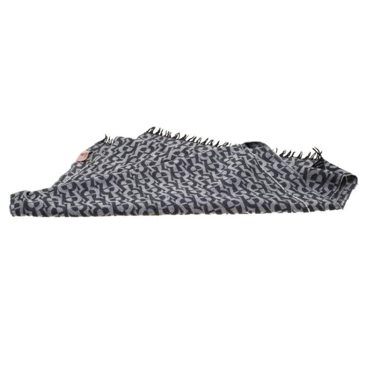 مملوكة مسبقًا Aigner Black and Grey Logo Pattern Jacquard Fringed Edge Scarf