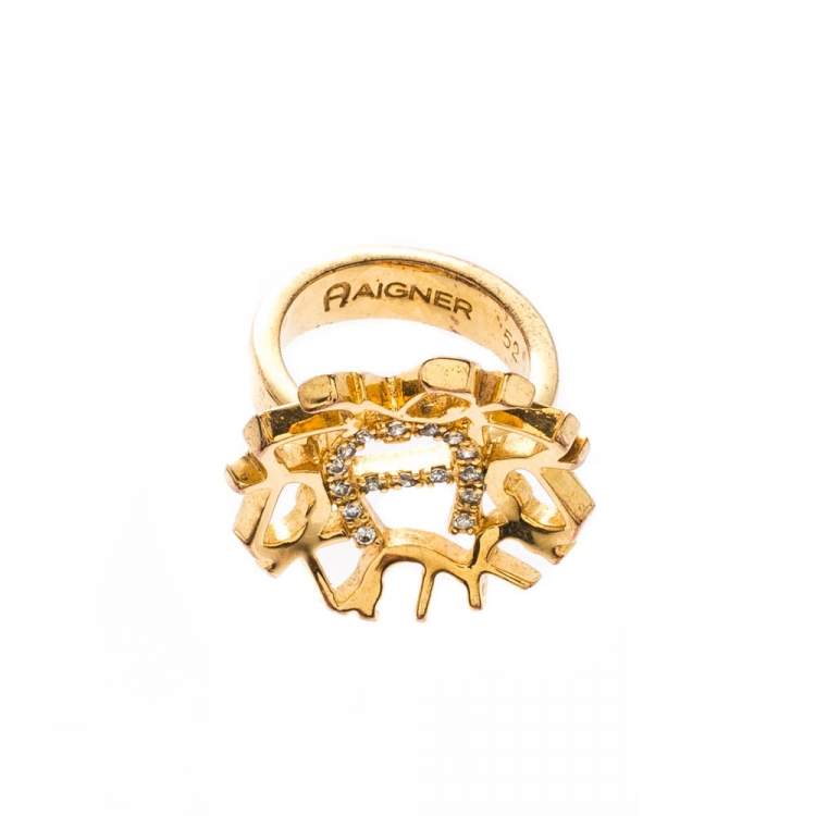مملوكة مسبقًا Aigner Crystal Gold Tone Cocktail Ring Size 52