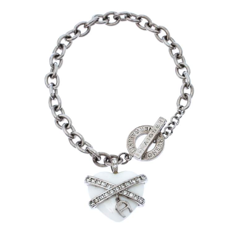 Aigner Crystal Resin Heart Charm Silver Tone Toggle Bracelet Aigner ...