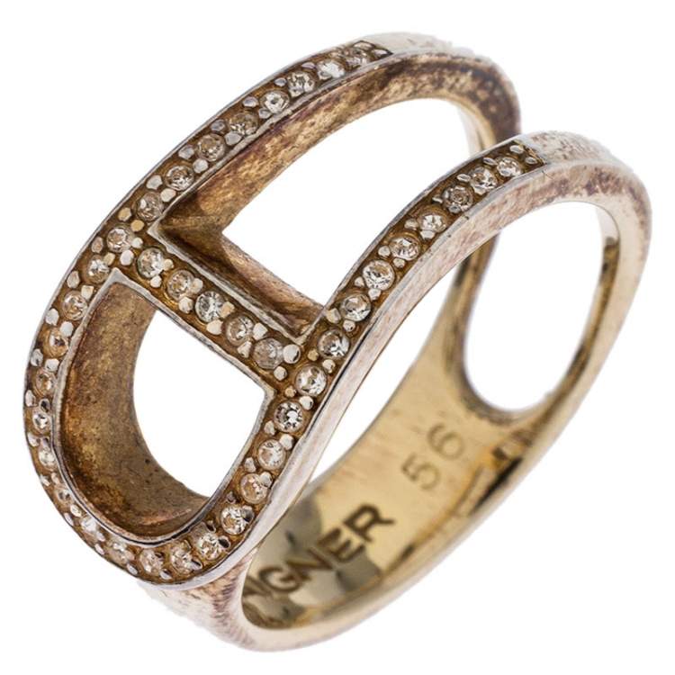 Pre Owned Aigner Gold Tone Crystal Embellished Ring Size 56