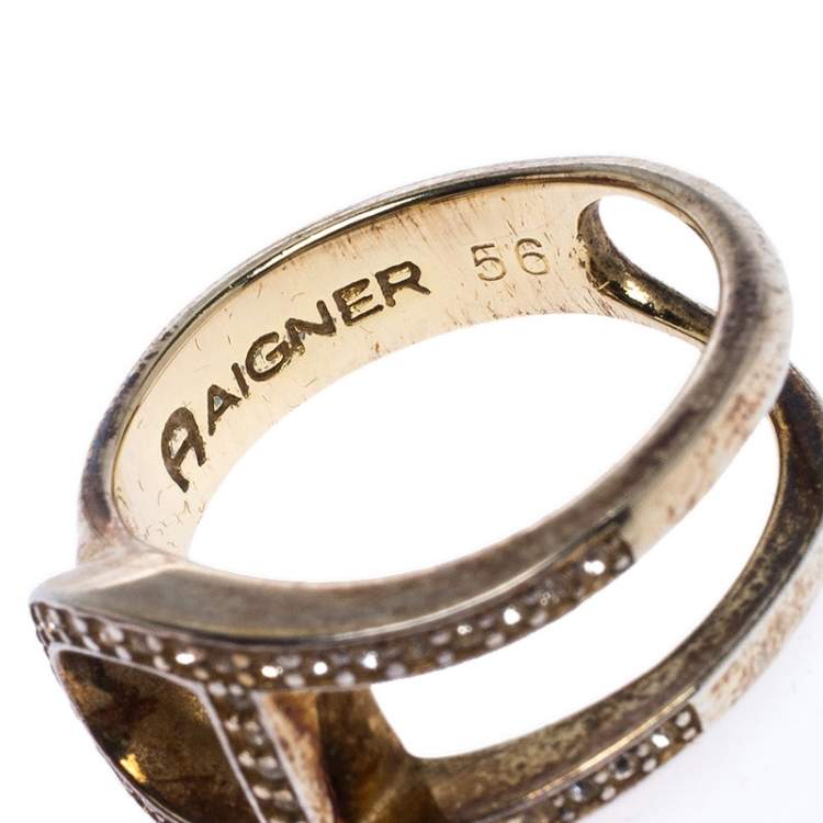 Pre Owned Aigner Gold Tone Crystal Embellished Ring Size 56