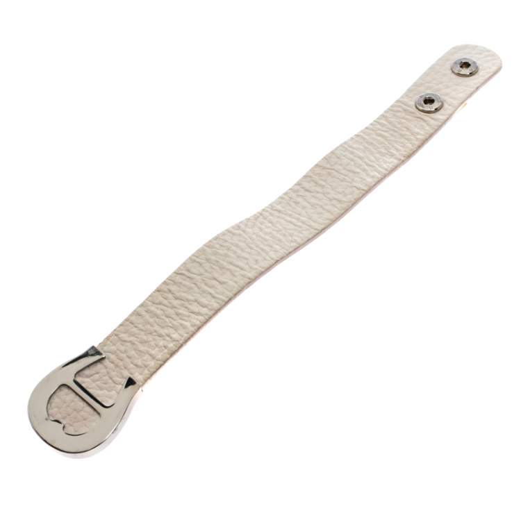 Pre Owned Aigner Silver Tone White Leather Cybill Wide Bracelet