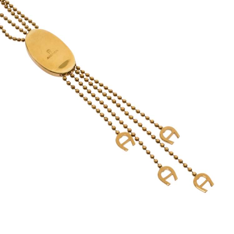 Pre Owned Aigner Gold Plated Crystal Paved Logo Charm Tasseled Necklace