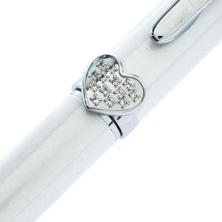 Pre Owned Aigner Pearl White Resin Crystal Heart Charm Silver Tone Ballpoint Pen
