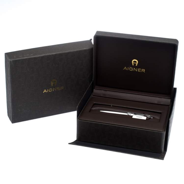 Pre Owned Aigner Pearl White Resin Crystal Heart Charm Silver Tone Ballpoint Pen