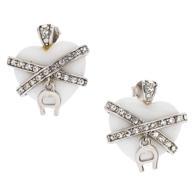 مملوكة مسبقًا Aigner Crystal Resin Heart Charm Silver Tone Earrings
