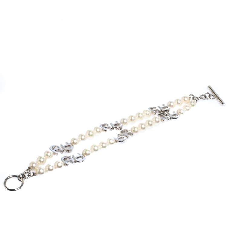 Pre Owned Aigner Faux Pearl Silver Tone Double Strand Toggle Bracelet