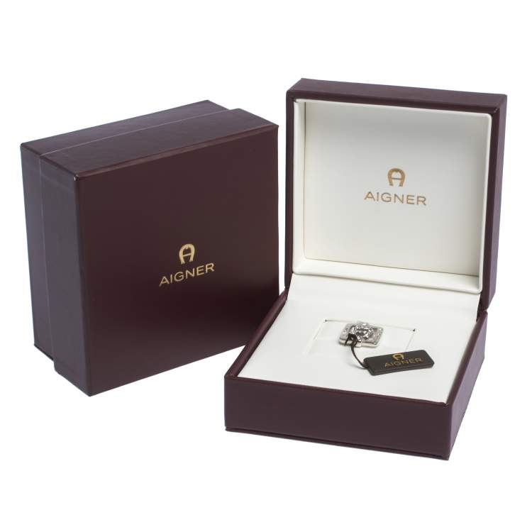 مملوكة مسبقًا Aigner Crystal Studded Silver Tone Square Ring Size 54