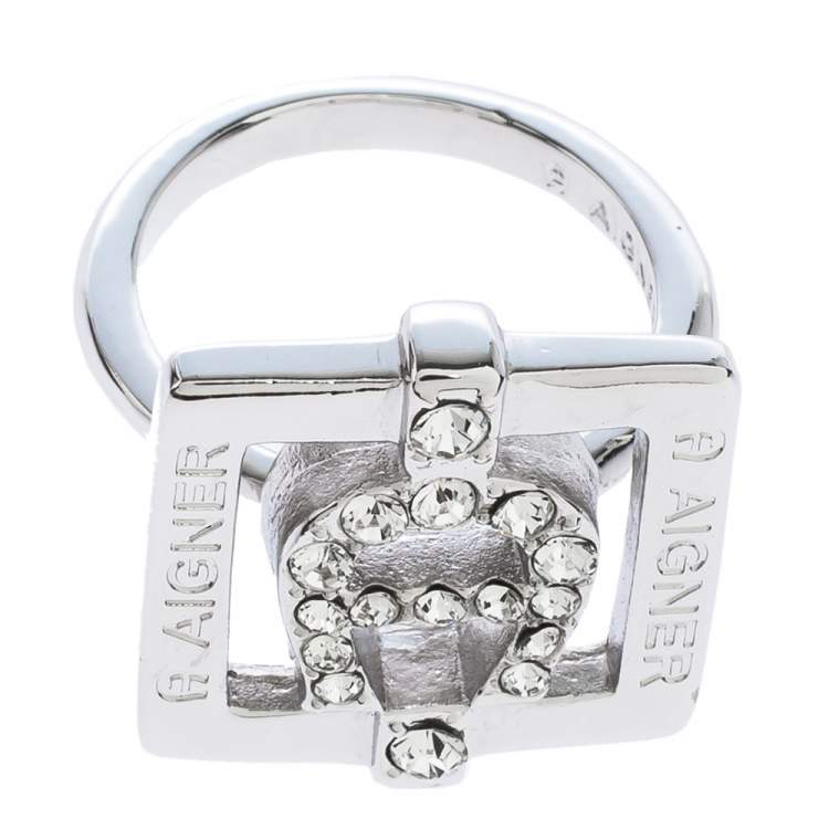 مملوكة مسبقًا Aigner Crystal Studded Silver Tone Square Ring Size 54