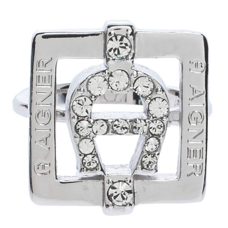 مملوكة مسبقًا Aigner Crystal Studded Silver Tone Square Ring Size 54