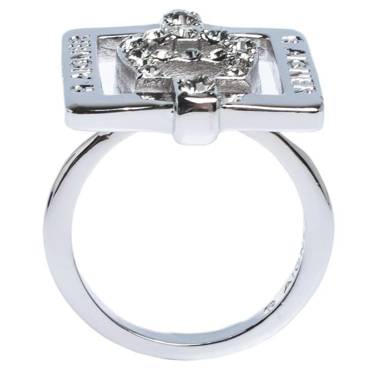 مملوكة مسبقًا Aigner Crystal Studded Silver Tone Square Ring Size 54
