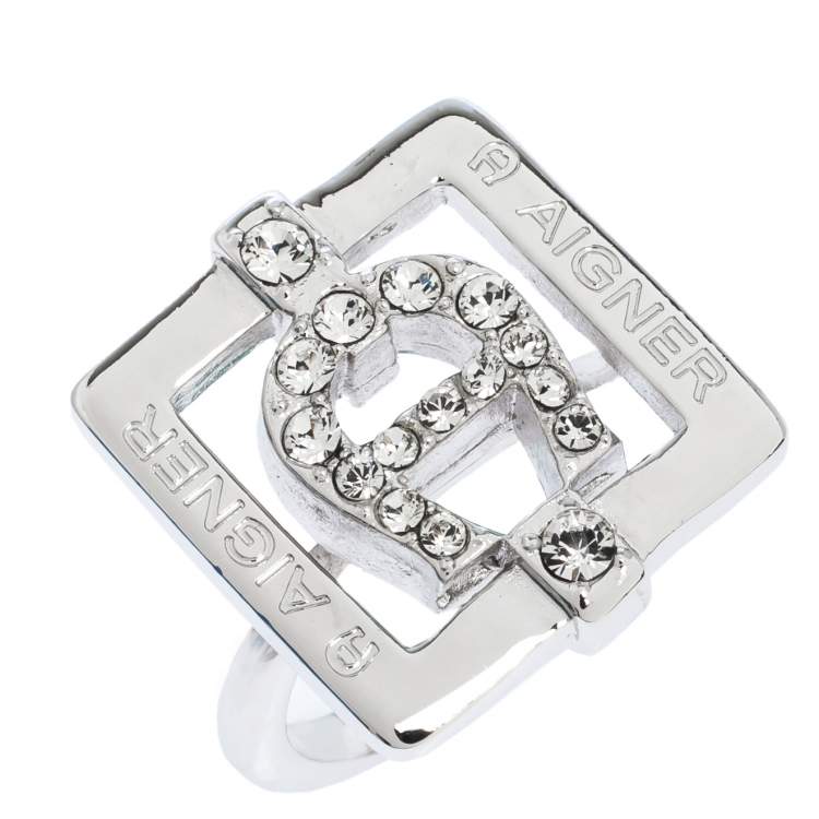 مملوكة مسبقًا Aigner Crystal Studded Silver Tone Square Ring Size 54