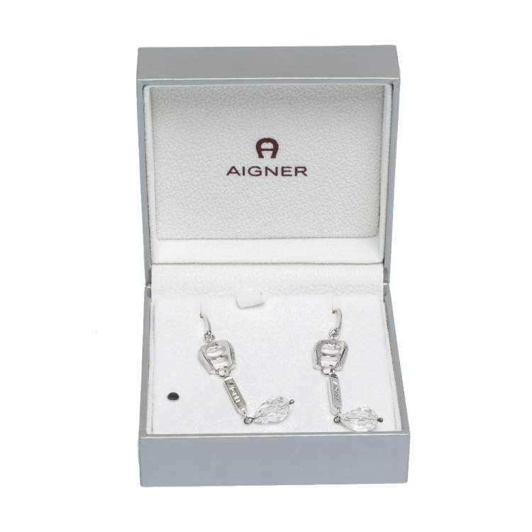 Pre Owned Aigner Silver Tone Crystal Linear Drop Earrings