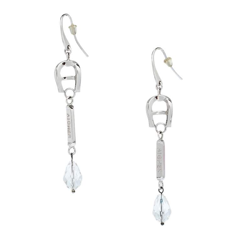 Pre Owned Aigner Silver Tone Crystal Linear Drop Earrings