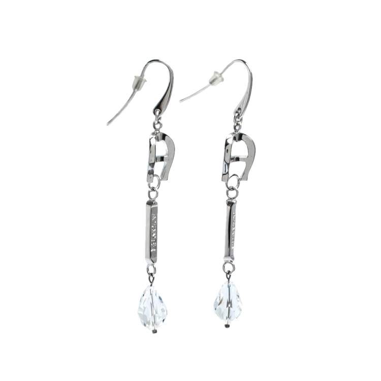 Pre Owned Aigner Silver Tone Crystal Linear Drop Earrings