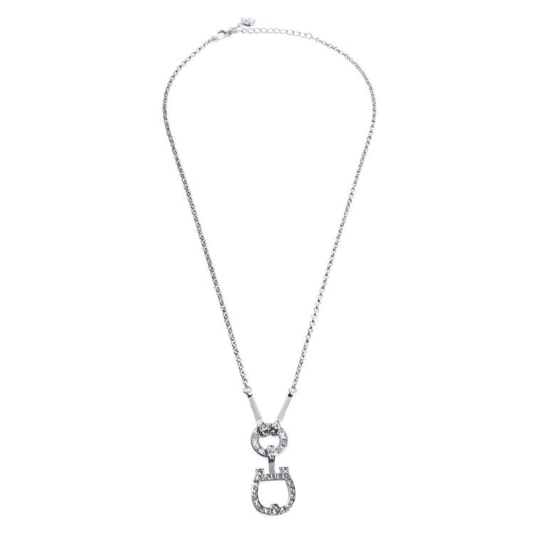 Pre Owned Aigner Crystal Embellished Logo Pendant Silver Tone Necklace