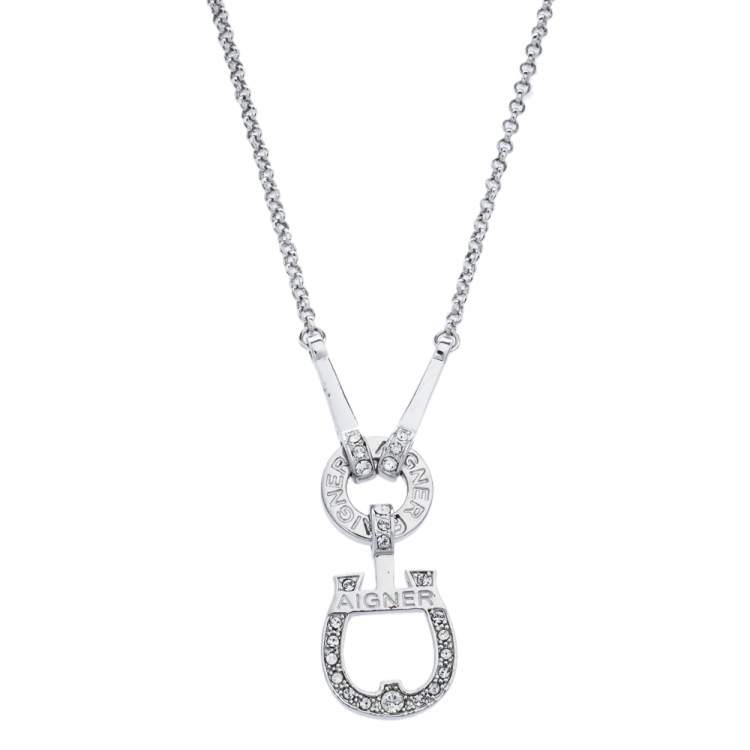 Pre Owned Aigner Crystal Embellished Logo Pendant Silver Tone Necklace
