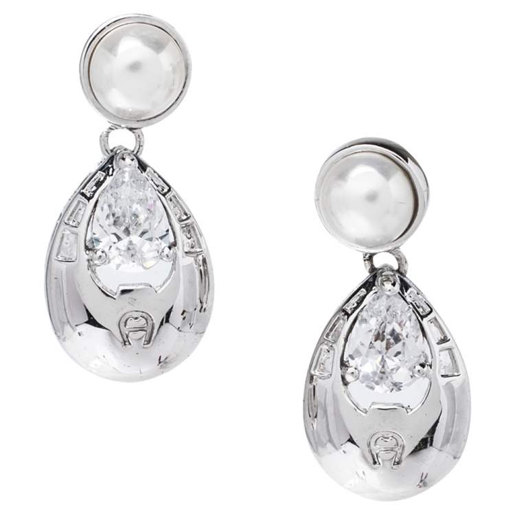 Pre Owned Aigner Faux Pearl & Crystal Silver Tone Drop Earrings