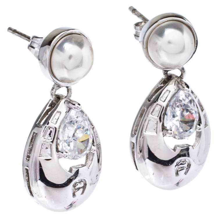 Pre Owned Aigner Faux Pearl & Crystal Silver Tone Drop Earrings