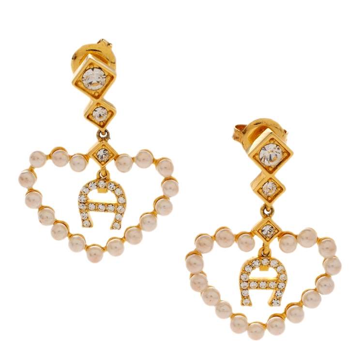 Pre Owned Aigner Faux Pearl Heart Crystal Gold Tone Drop Earrings