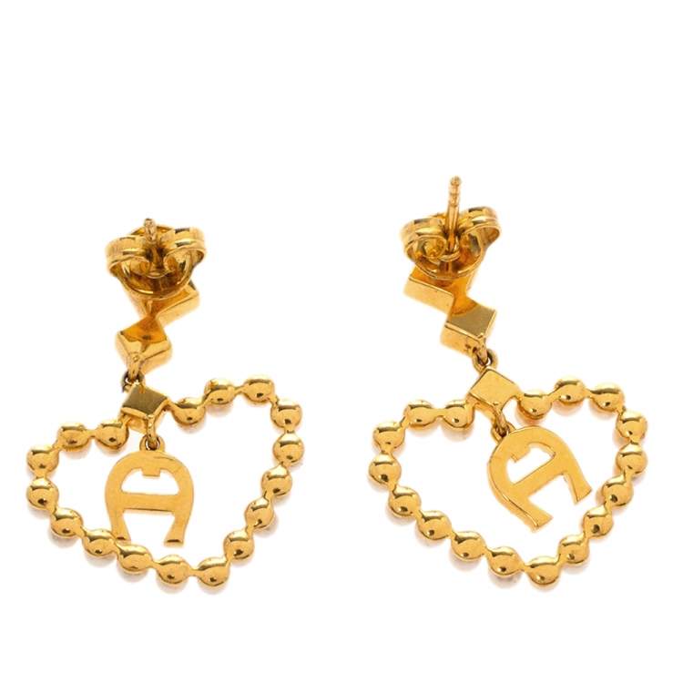Pre Owned Aigner Faux Pearl Heart Crystal Gold Tone Drop Earrings